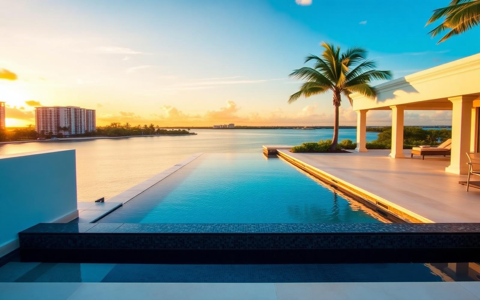 Tampa backyard pool at sunset